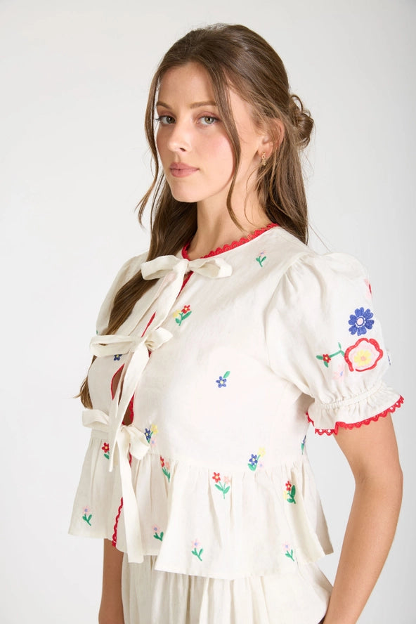 Embroidered Front Tie Puff Sleeve Scallop Trim Top