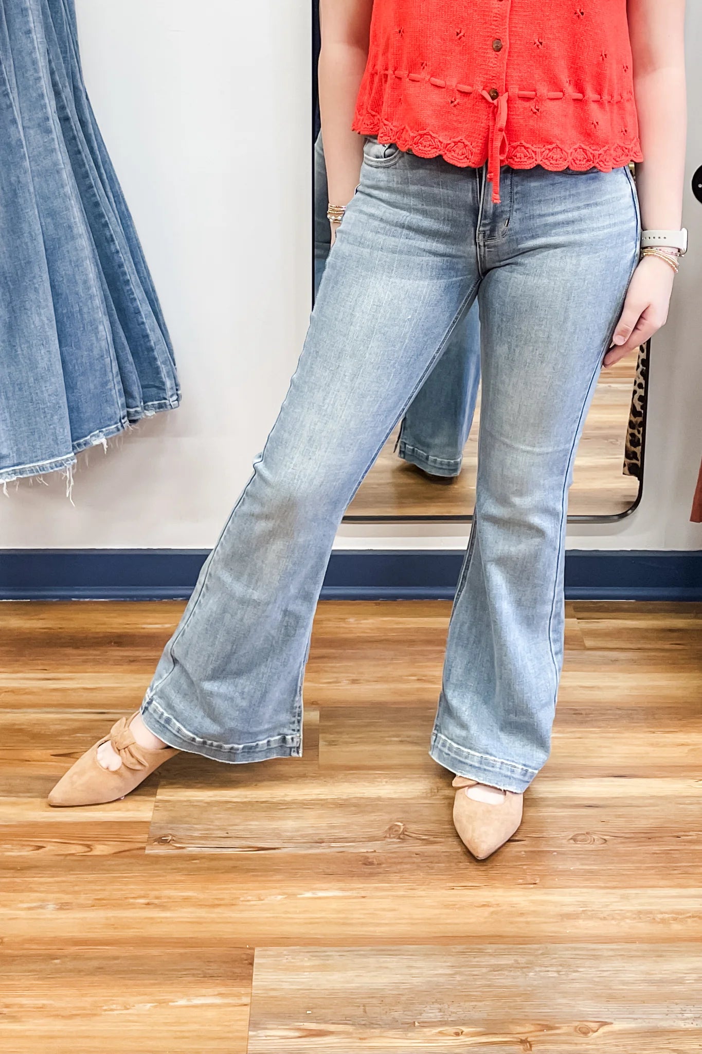 Medium Stone Wash Mid-Rise Flare Jeans by Judy Blue