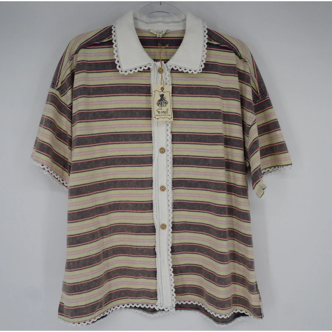 Boxy Striped Knit Button Down Top