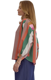 Multicolor striped button down long sleeve collared top featuring button closure at cuff. Unlined. Woven. Non-sheer. Lightweight.