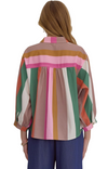 Multicolor striped button down long sleeve collared top featuring button closure at cuff. Unlined. Woven. Non-sheer. Lightweight.