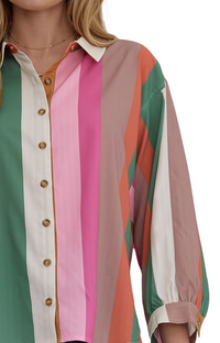 Multicolor striped button down long sleeve collared top featuring button closure at cuff. Unlined. Woven. Non-sheer. Lightweight.