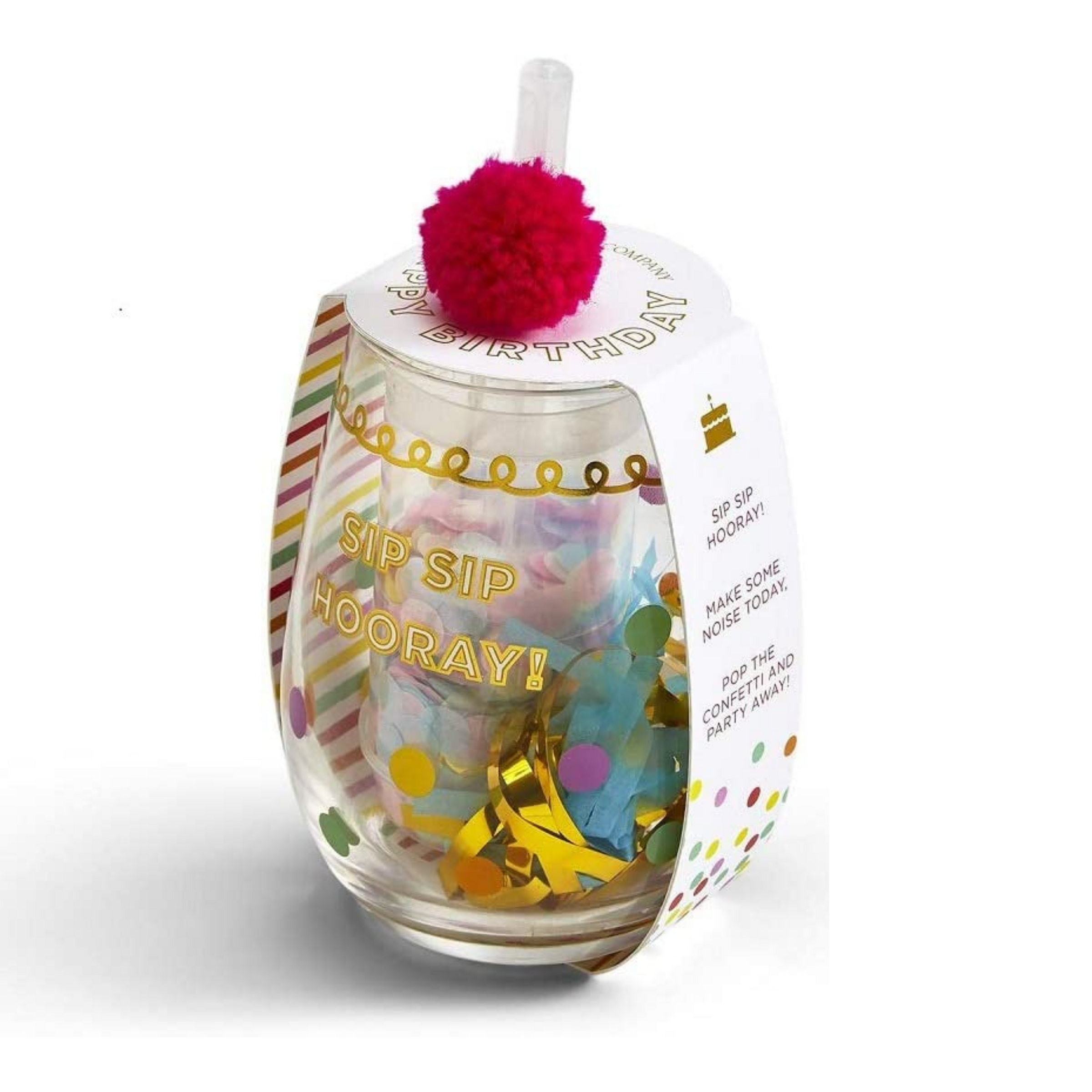 Happy Birthday Stemless Glass with Confetti Popper and Noise Maker