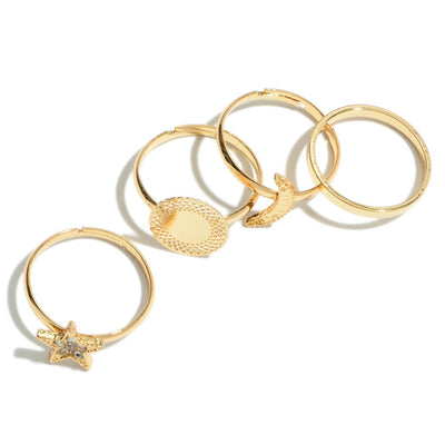 4 PC Textured Rhinestone Star Decor Ring Set *FINAL SALE*
