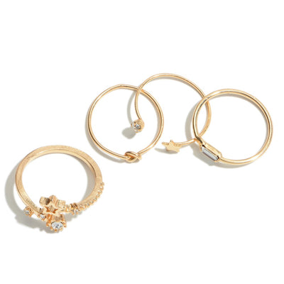 4 PC Textured Rhinestone Star Decor Ring Set *FINAL SALE*