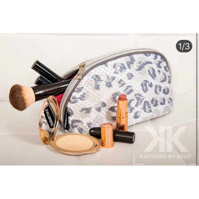 prenelove cosmetic bag in yorkville. Light grey leopard print
