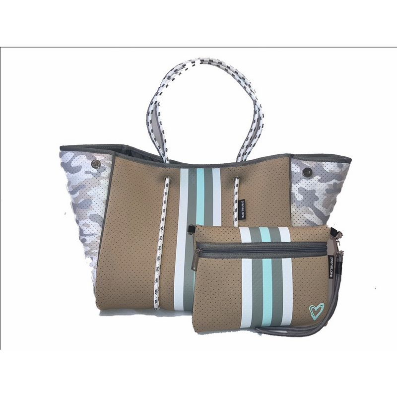 PreneLove tote bag and wristlet in rexton. Light grey camo side, taupe front, and aqua stripe down the center