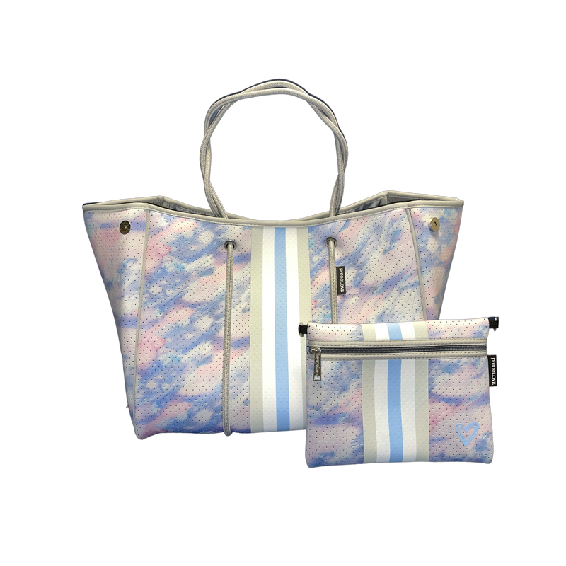 PreneLove tote bag and wristlet in Hampton. Pink and blue watercolor with blue stripe down the center