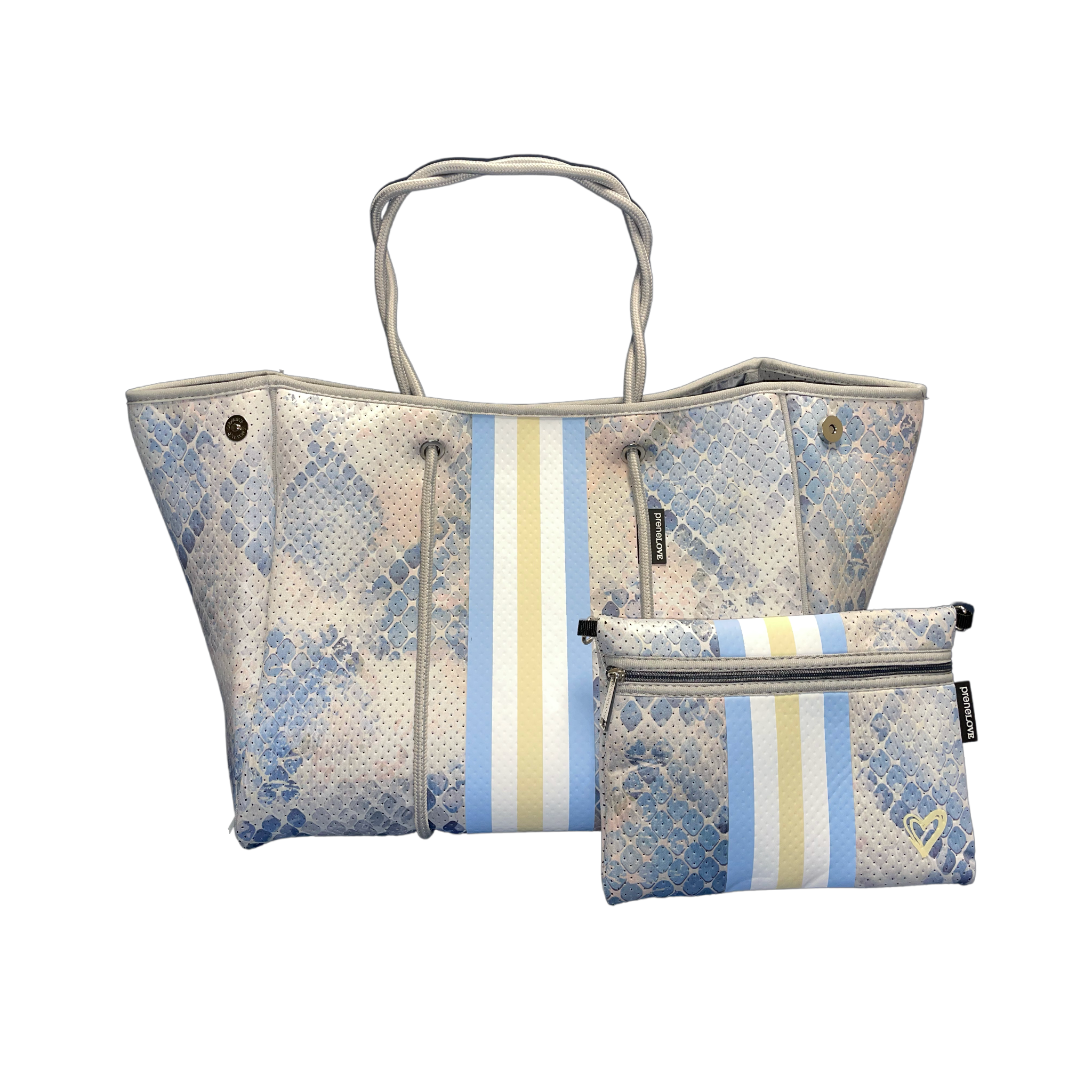 PreneLove tote bag and wristlet in Georgina. Pastel blue snake print with stripe down the center