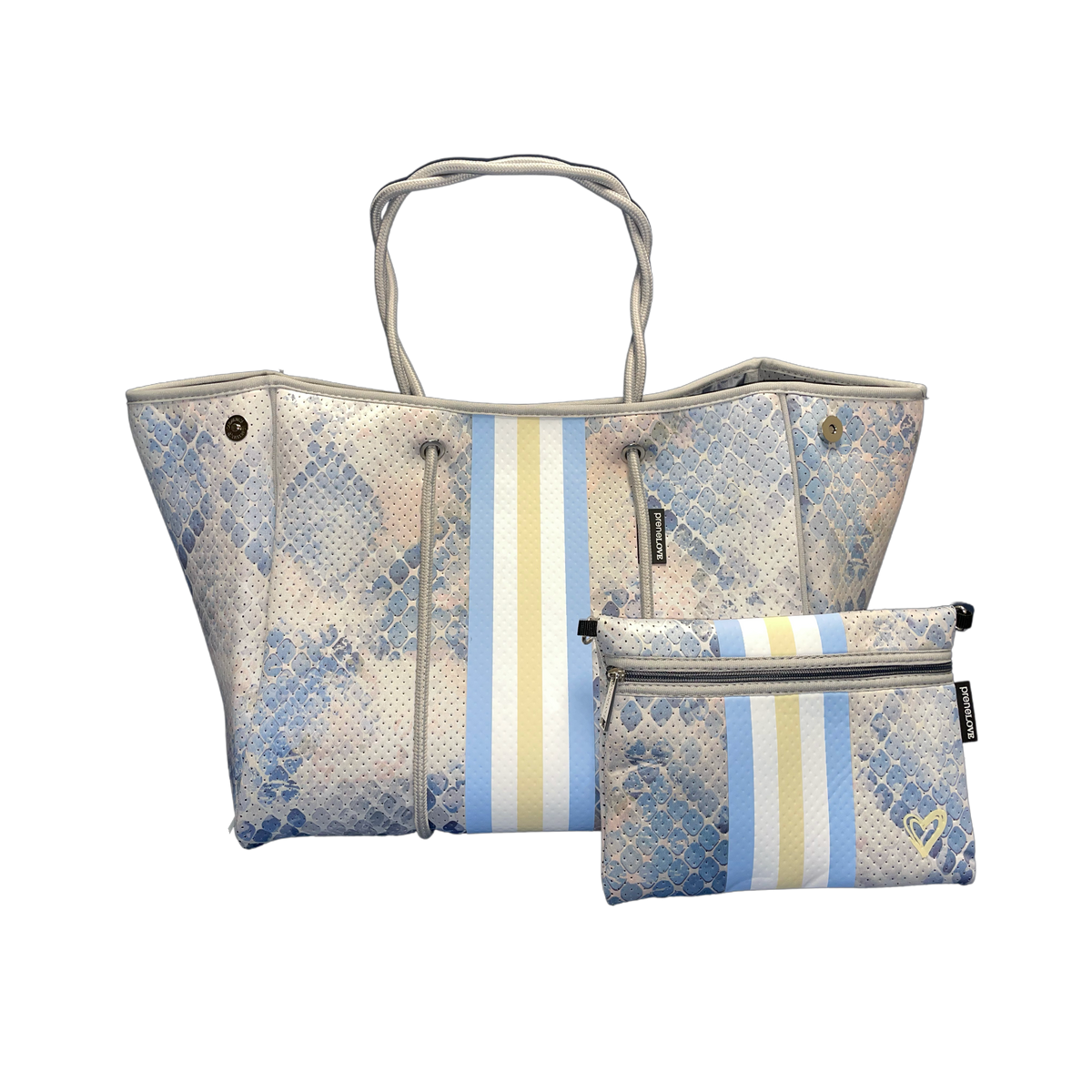 PreneLove tote bag and wristlet in Georgina. Pastel blue snake print with stripe down the center