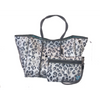 PreneLove tote bag and wristlet in yorkville. Light grey leopard print with aqua lining and heart 